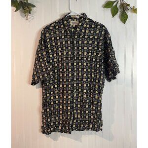 Vintage Cimarron Moda Short-Sleeve Button-Up Shirt L Black/Beige Geometric Print